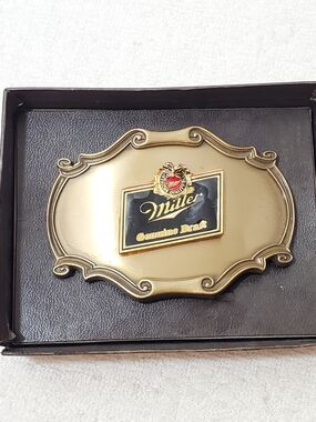 Vintage Miller Genuine Draft Beer Logo Belt Buckle 1980's Solid Brass 3540 Box